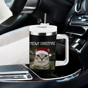 Meowy Christmas Tumbler With Handle Xmas Silly Staring Cat Meme Santa Hat TS10 Print Your Wear