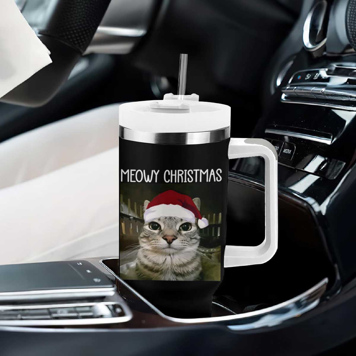 Meowy Christmas Tumbler With Handle Xmas Silly Staring Cat Meme Santa Hat TS10 Print Your Wear