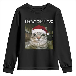 Meowy Christmas Youth Sweatshirt Xmas Silly Staring Cat Meme Santa Hat TS10 Black Print Your Wear