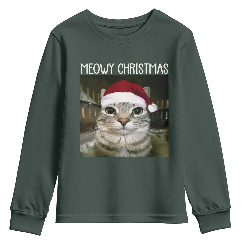 Meowy Christmas Youth Sweatshirt Xmas Silly Staring Cat Meme Santa Hat TS10 Dark Forest Green Print Your Wear