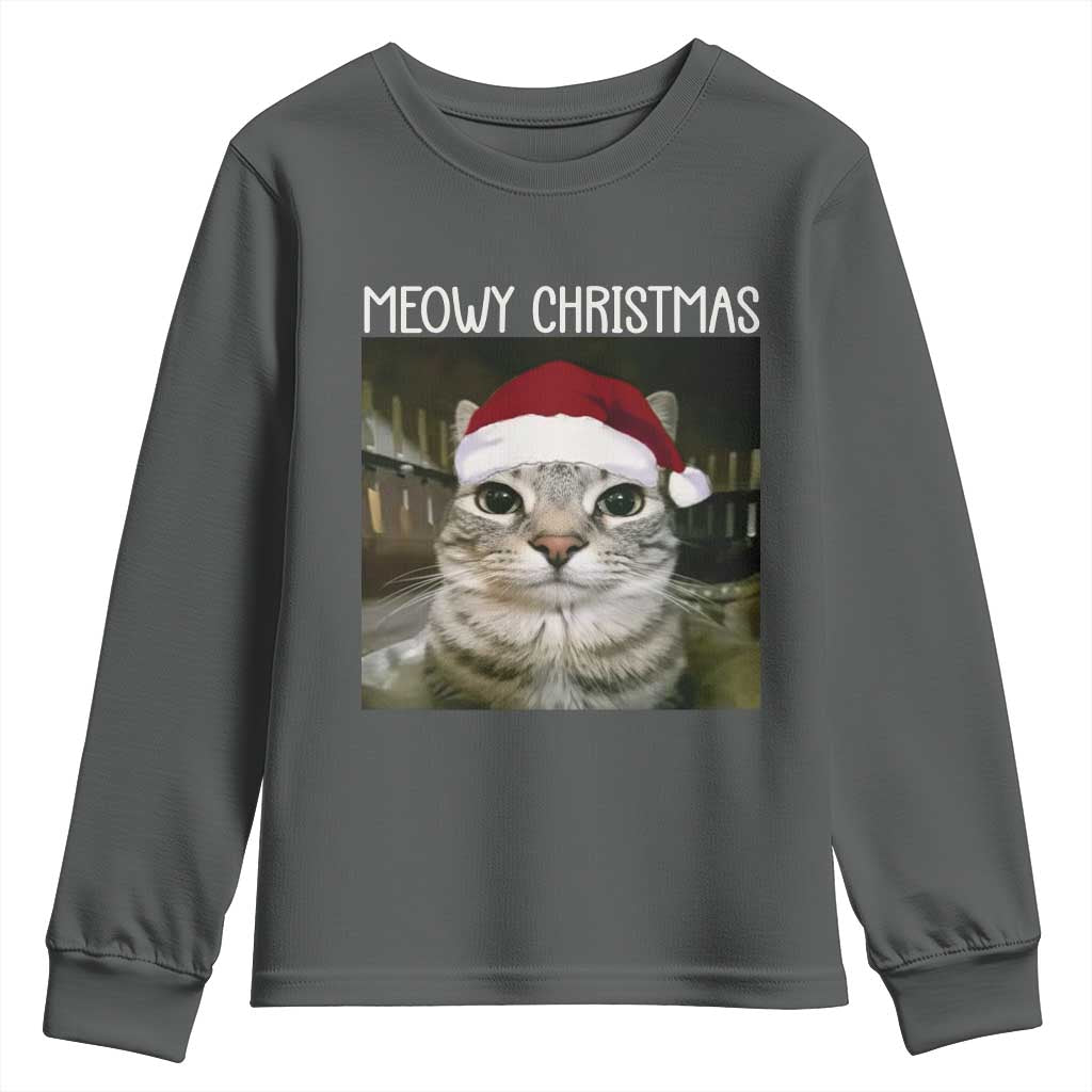 Meowy Christmas Youth Sweatshirt Xmas Silly Staring Cat Meme Santa Hat TS10 Dark Heather Print Your Wear