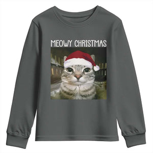 Meowy Christmas Youth Sweatshirt Xmas Silly Staring Cat Meme Santa Hat TS10 Dark Heather Print Your Wear
