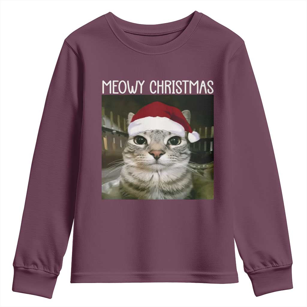 Meowy Christmas Youth Sweatshirt Xmas Silly Staring Cat Meme Santa Hat TS10 Maroon Print Your Wear