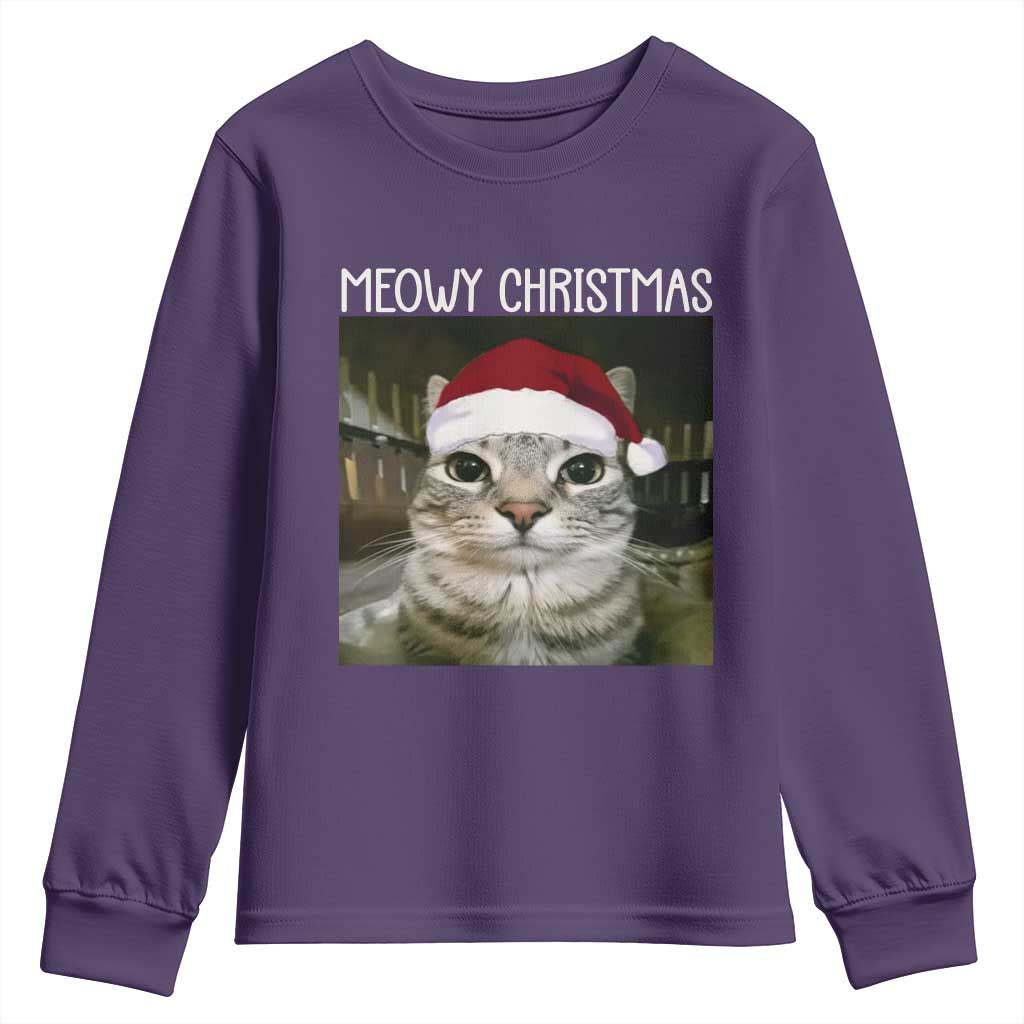 Meowy Christmas Youth Sweatshirt Xmas Silly Staring Cat Meme Santa Hat TS10 Purple Print Your Wear