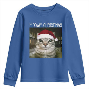 Meowy Christmas Youth Sweatshirt Xmas Silly Staring Cat Meme Santa Hat TS10 Royal Blue Print Your Wear