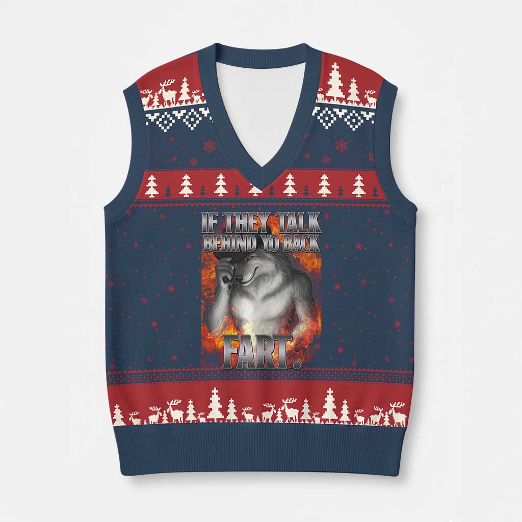 Funny Alpha Wolf V-Neck Knit Sweater Vest Meme If They Talk Behind Your Back Fart Bootleg TS10 Navy Red Print Your Wear