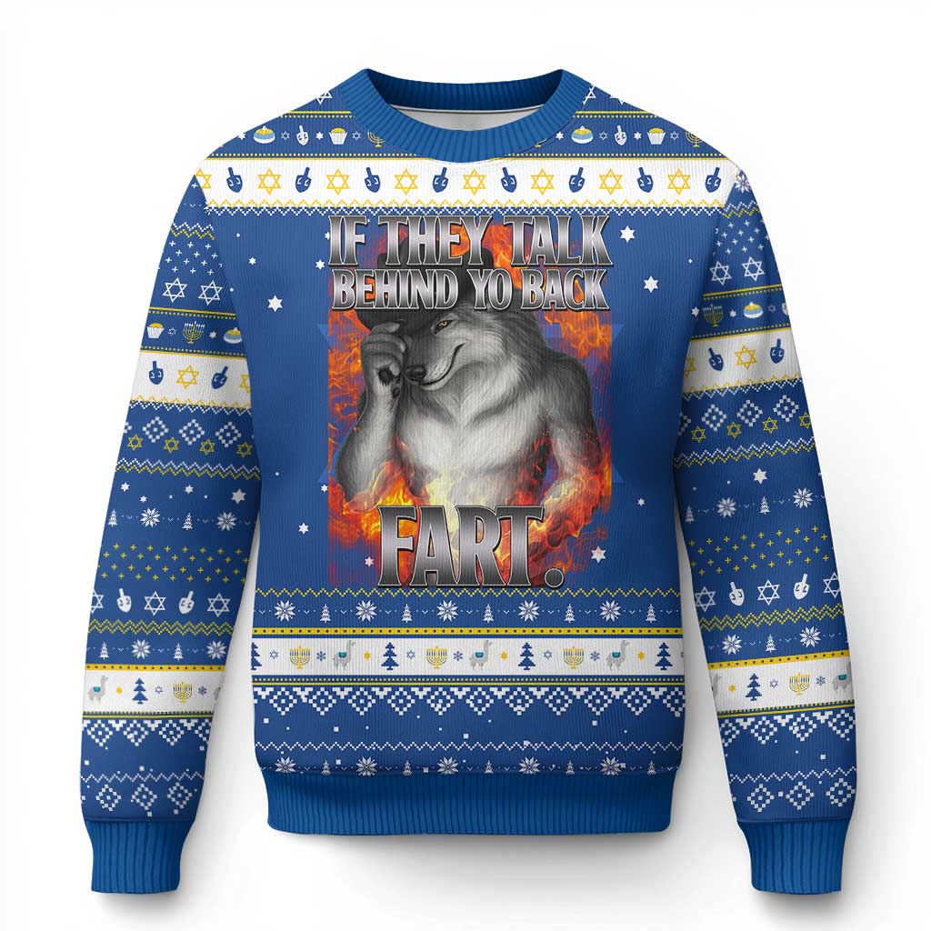 Funny Alpha Wolf Hanukkah Ugly Sweater Meme If They Talk Behind Your Back Fart Bootleg TS10 Blue White Print Your Wear