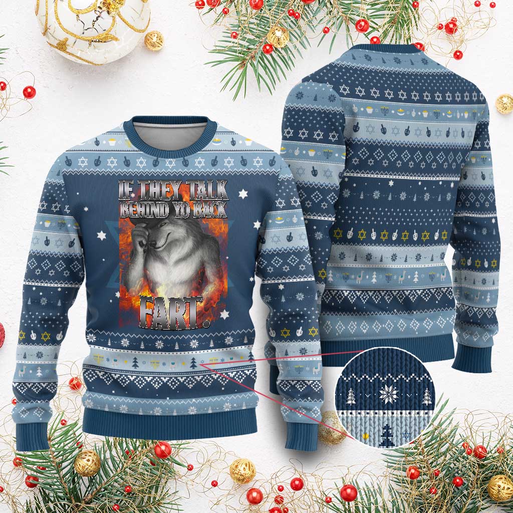 Funny Alpha Wolf Hanukkah Ugly Sweater Meme If They Talk Behind Your Back Fart Bootleg TS10 Navy Light Blue Print Your Wear