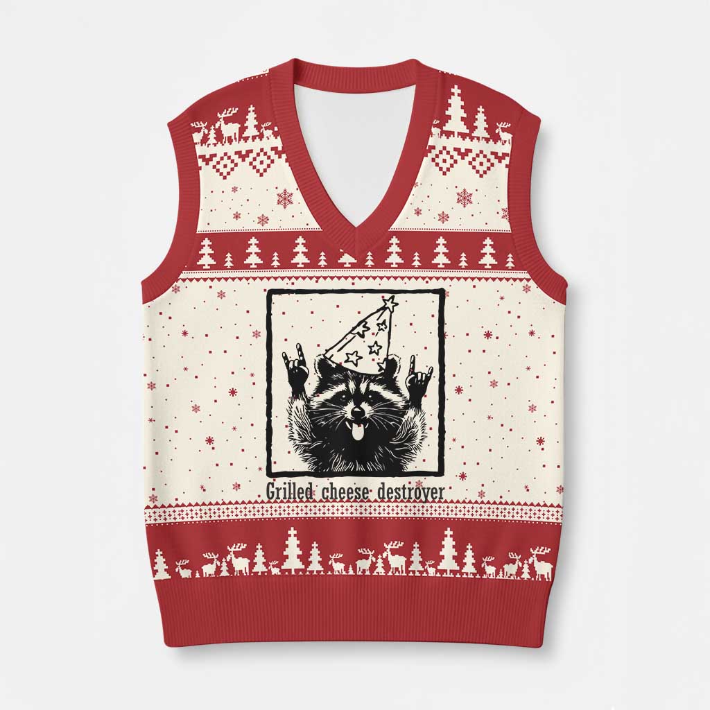 Vintage Raccoon V-Neck Knit Sweater Vest Retro Silly Trash Panda Meme TS10 Beige Red Print Your Wear