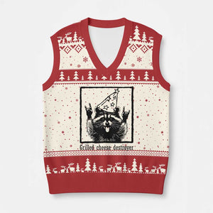 Vintage Raccoon V-Neck Knit Sweater Vest Retro Silly Trash Panda Meme TS10 Beige Red Print Your Wear