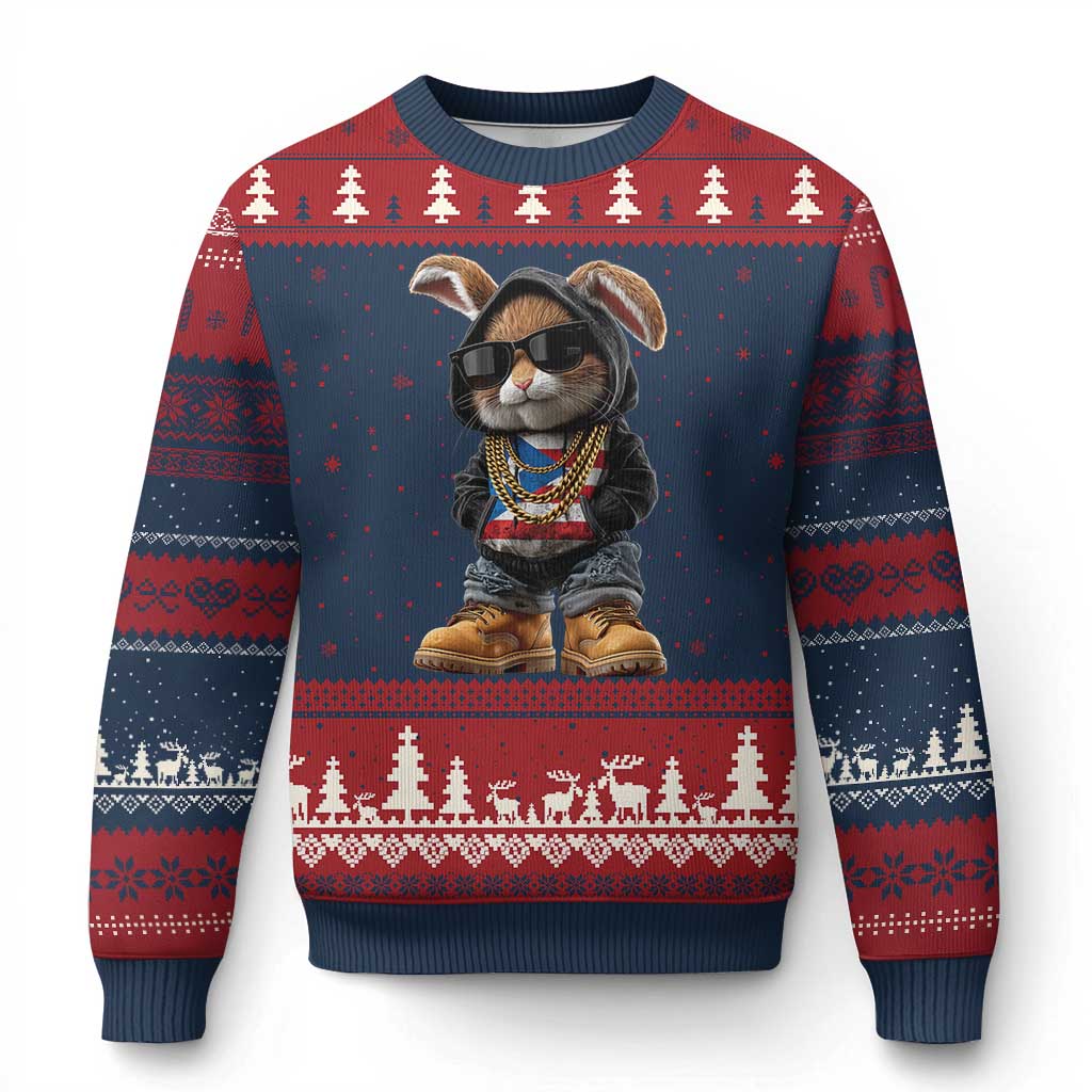 Bunny Puerto Rican Flag Ugly Christmas Sweater Puerto Rican Taino Boricua Vibes TS10 Navy Red Print Your Wear
