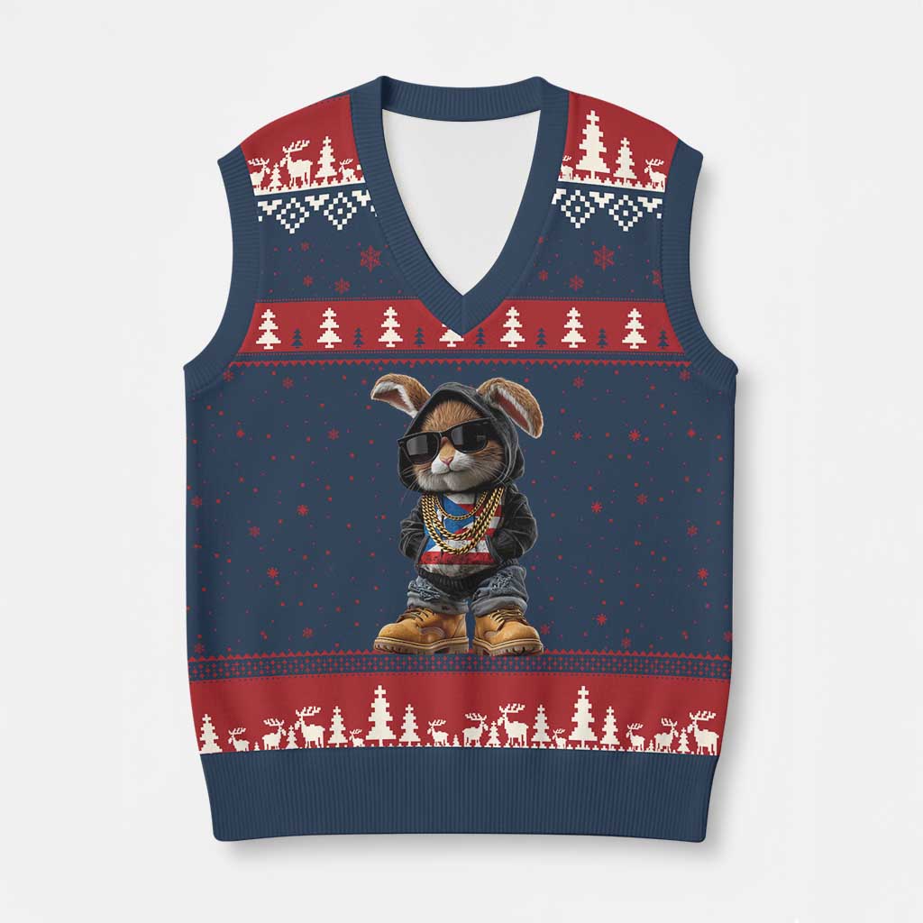 Bunny Puerto Rican Flag V-Neck Knit Sweater Vest Puerto Rican Taino Boricua Vibes TS10 Navy Red Print Your Wear