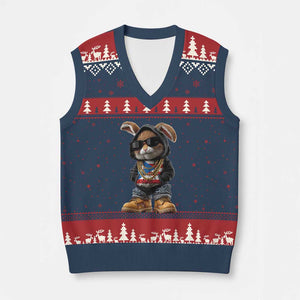 Bunny Puerto Rican Flag V-Neck Knit Sweater Vest Puerto Rican Taino Boricua Vibes TS10 Navy Red Print Your Wear