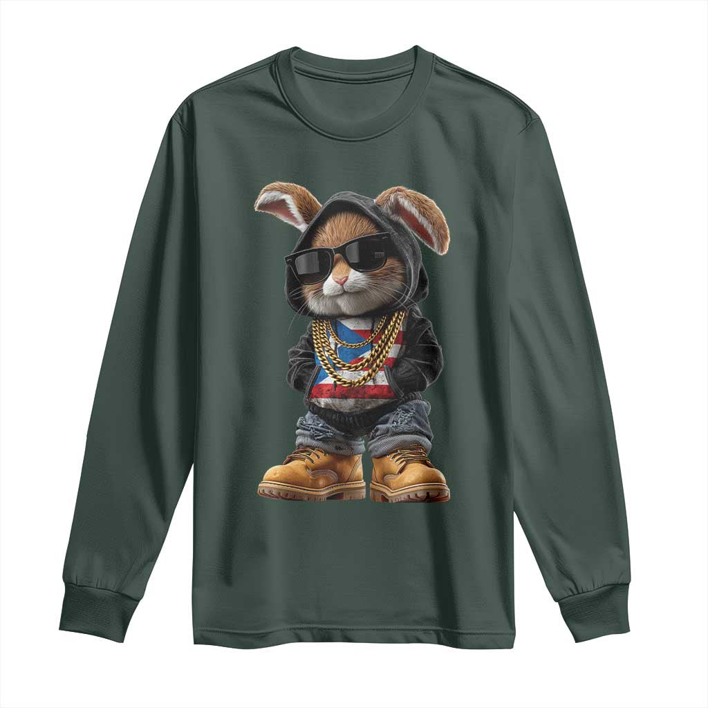 Bunny Puerto Rican Flag Long Sleeve Shirt Puerto Rican Taino Boricua Vibes TS10 Dark Forest Green Print Your Wear