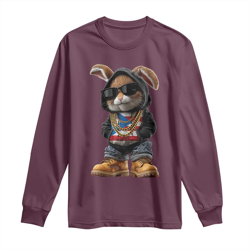 Bunny Puerto Rican Flag Long Sleeve Shirt Puerto Rican Taino Boricua Vibes TS10 Maroon Print Your Wear