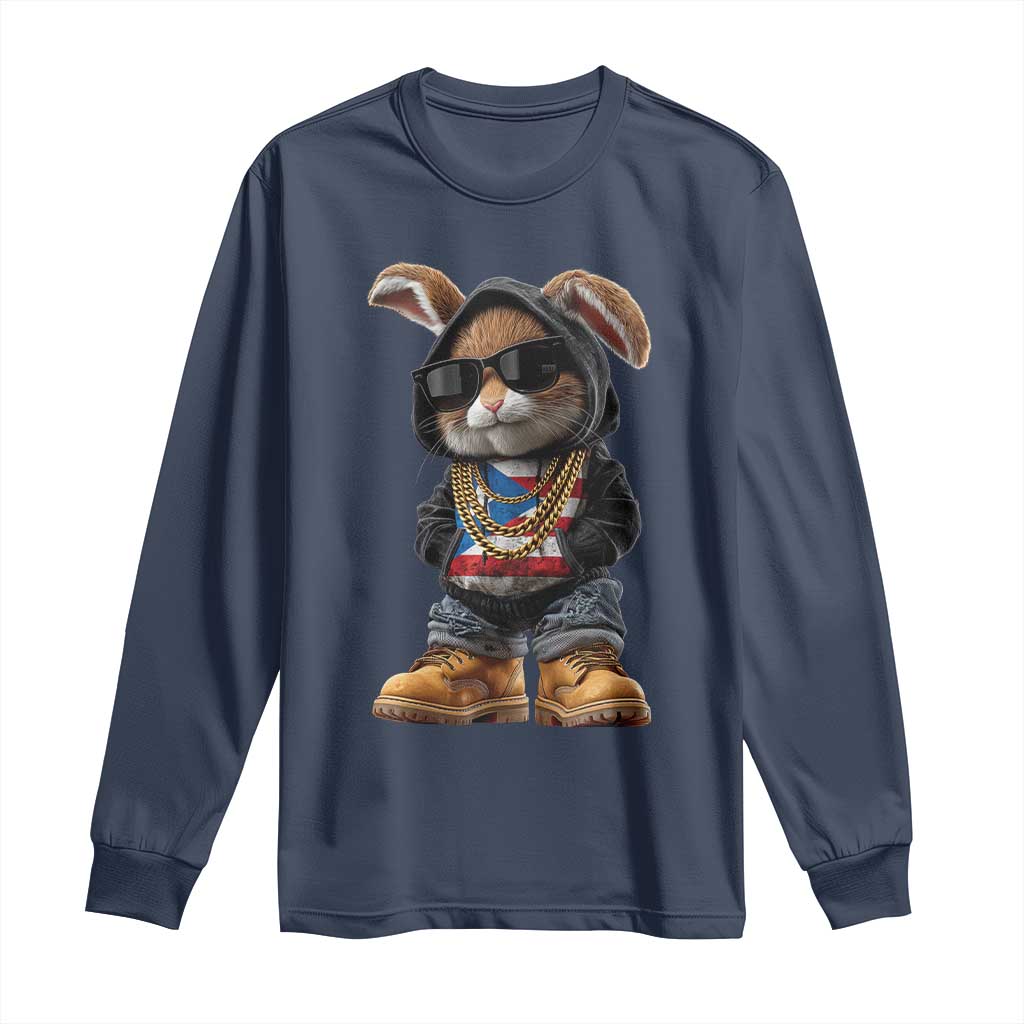 Bunny Puerto Rican Flag Long Sleeve Shirt Puerto Rican Taino Boricua Vibes TS10 Navy Print Your Wear