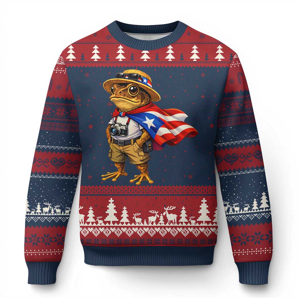 Coqui Frog Puerto Rico Flag Ugly Christmas Sweater Puerto Rican Taino Boricua Vibes TS10 Navy Red Print Your Wear