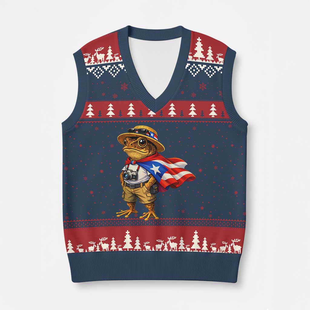 Coqui Frog Puerto Rico Flag V-Neck Knit Sweater Vest Puerto Rican Taino Boricua Vibes TS10 Navy Red Print Your Wear