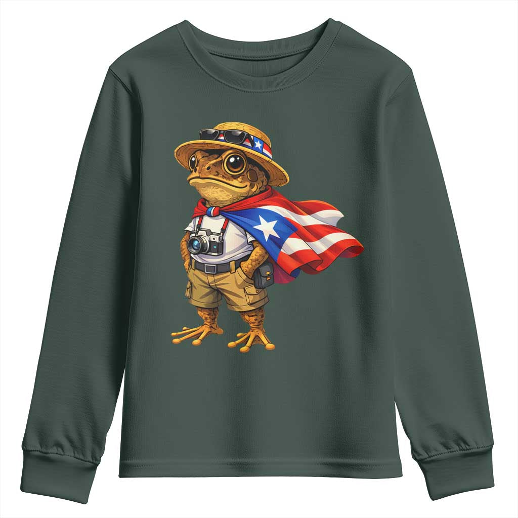 Coqui Frog Puerto Rico Flag Youth Sweatshirt Puerto Rican Taino Boricua Vibes TS10 Dark Forest Green Print Your Wear