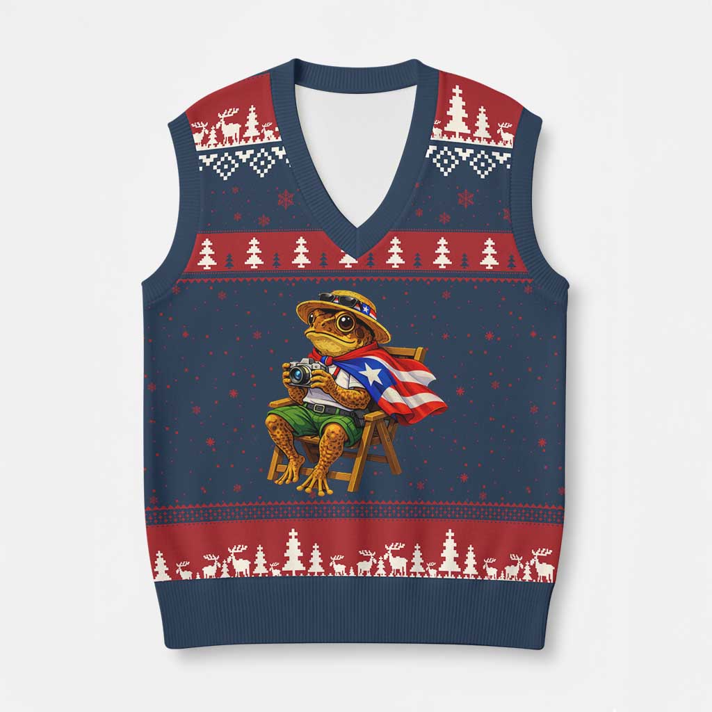 Funny Coqui Frog Puerto Rico Flag V-Neck Knit Sweater Vest Puerto Rican Taino Boricua Hispanic TS10 Navy Red Print Your Wear