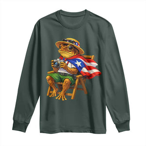 Funny Coqui Frog Puerto Rico Flag Long Sleeve Shirt Puerto Rican Taino Boricua Hispanic TS10 Dark Forest Green Print Your Wear
