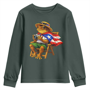 Funny Coqui Frog Puerto Rico Flag Youth Sweatshirt Puerto Rican Taino Boricua Hispanic TS10 Dark Forest Green Print Your Wear