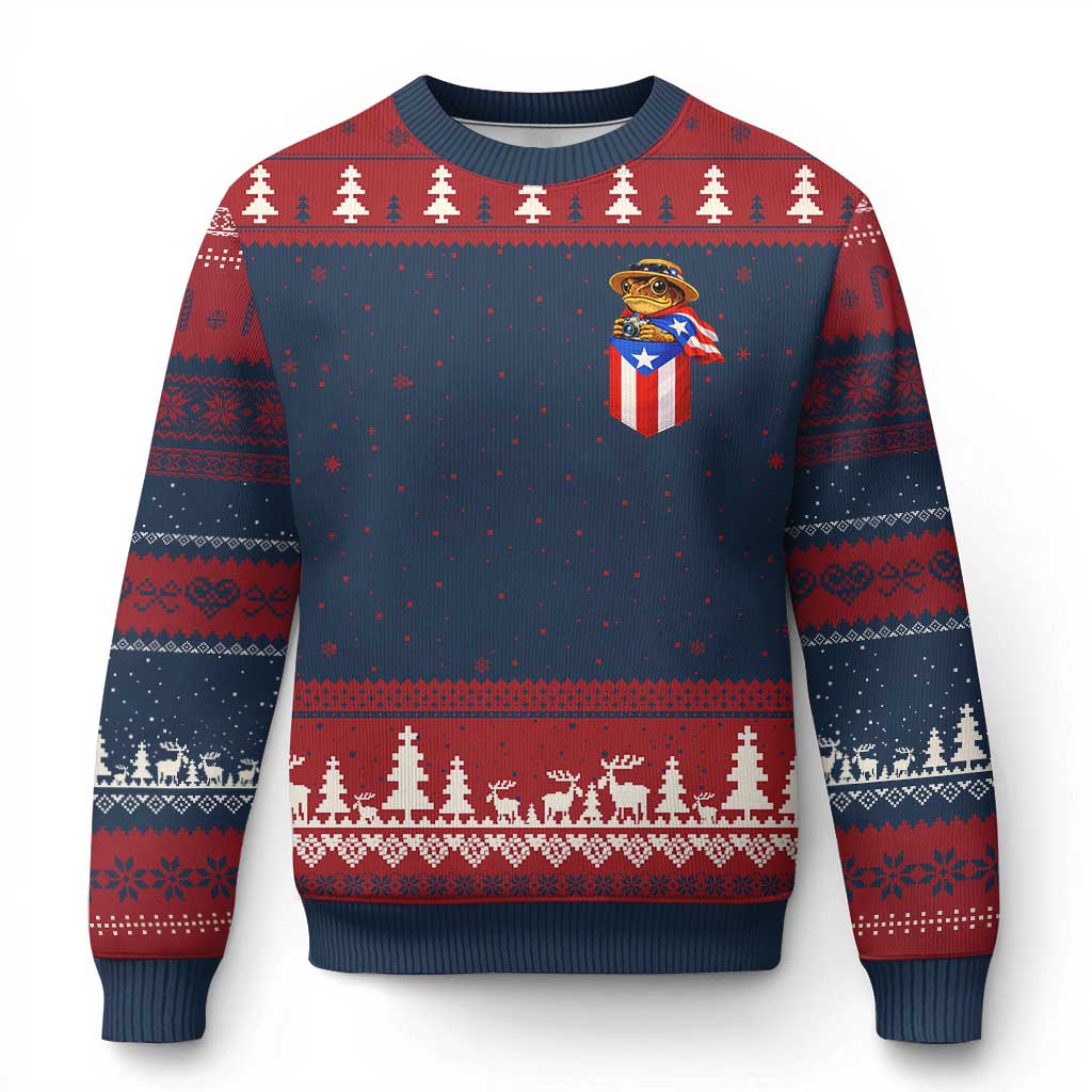 Funny Coqui Frog Puerto Rico Flag Ugly Christmas Sweater Puerto Rican Taino Buricua Pocket Borinquen TS10 Navy Red Print Your Wear