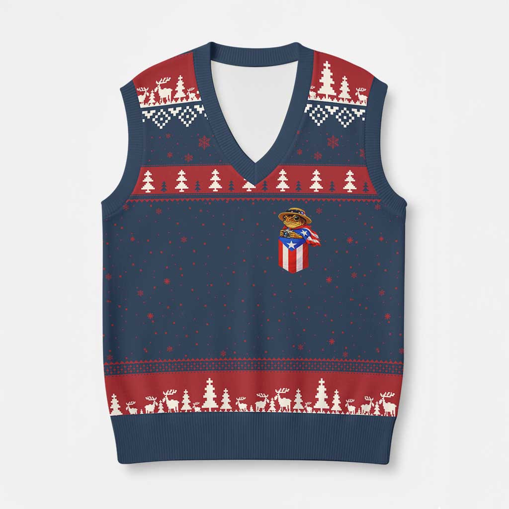 Funny Coqui Frog Puerto Rico Flag V-Neck Knit Sweater Vest Puerto Rican Taino Buricua Pocket Borinquen TS10 Navy Red Print Your Wear