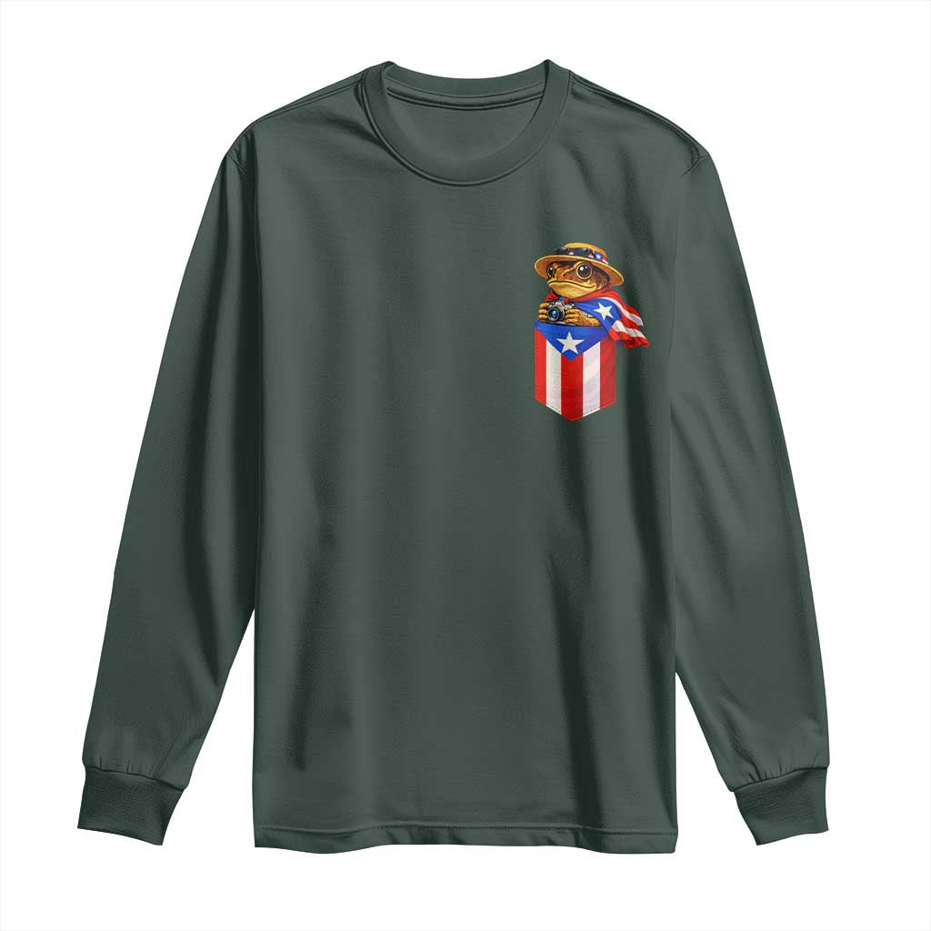 Funny Coqui Frog Puerto Rico Flag Long Sleeve Shirt Puerto Rican Taino Buricua Pocket Borinquen TS10 Dark Forest Green Print Your Wear