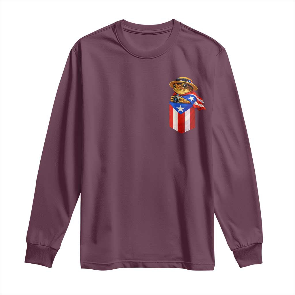 Funny Coqui Frog Puerto Rico Flag Long Sleeve Shirt Puerto Rican Taino Buricua Pocket Borinquen TS10 Maroon Print Your Wear