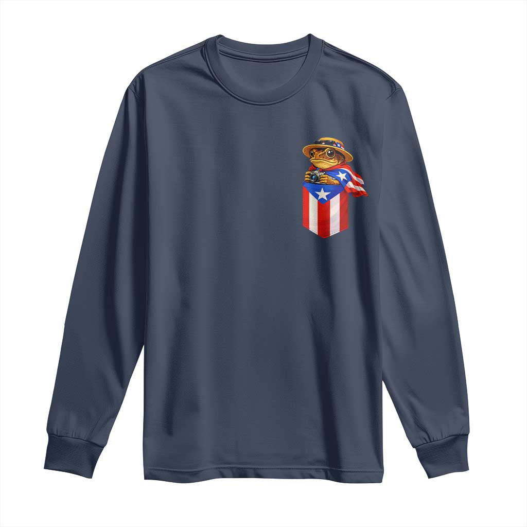 Funny Coqui Frog Puerto Rico Flag Long Sleeve Shirt Puerto Rican Taino Buricua Pocket Borinquen TS10 Navy Print Your Wear