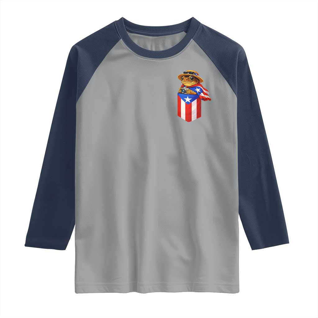 Funny Coqui Frog Puerto Rico Flag Raglan Shirt Puerto Rican Taino Buricua Pocket Borinquen TS10 Sport Gray Navy Print Your Wear