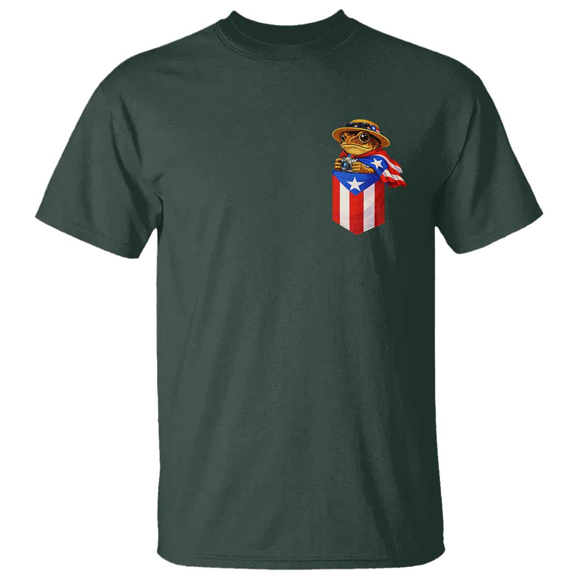 Funny Coqui Frog Puerto Rico Flag T Shirt Puerto Rican Taino Buricua Pocket Borinquen TS10 Dark Forest Green Print Your Wear