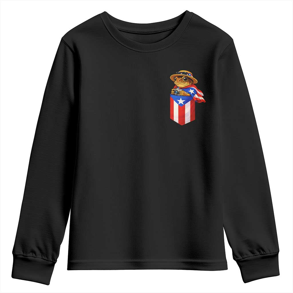 Funny Coqui Frog Puerto Rico Flag Youth Sweatshirt Puerto Rican Taino Buricua Pocket Borinquen TS10 Black Print Your Wear