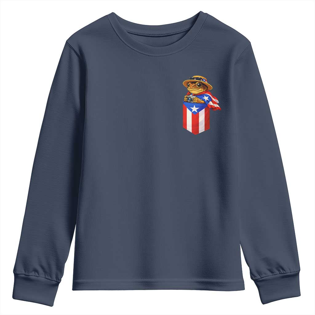 Funny Coqui Frog Puerto Rico Flag Youth Sweatshirt Puerto Rican Taino Buricua Pocket Borinquen TS10 Navy Print Your Wear