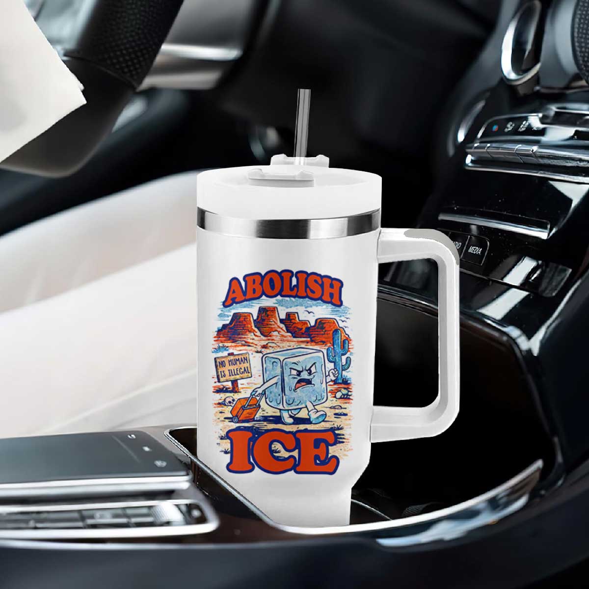 Abolish Ice Protest Tumbler With Handle Retro Protest No Human Is Illegal TS10 Print Your Wear