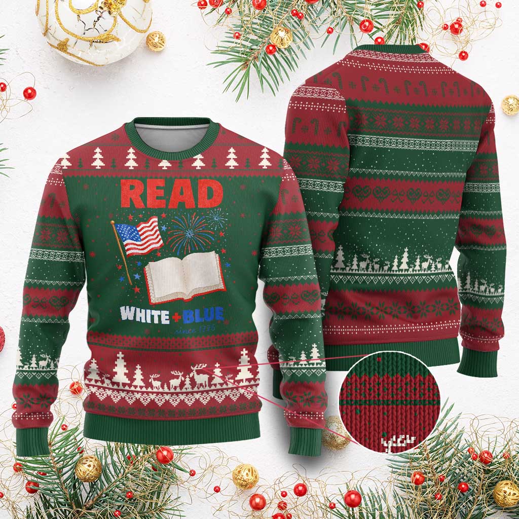 Patriotic Bookish 4th Of July Read White Blue Since 1776 Ugly Christmas Sweater TS10 Red Green Print Your Wear