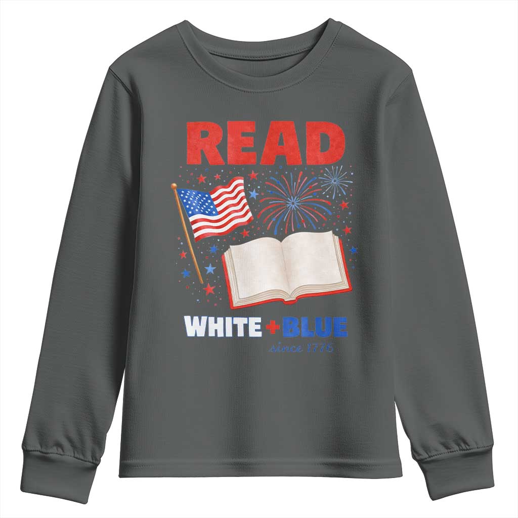 Patriotic Bookish 4th Of July Read White Blue Since 1776 Youth Sweatshirt TS10 Dark Heather Print Your Wear