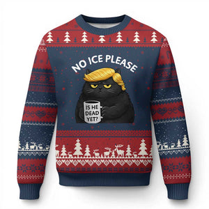 No ICE Protest Ugly Christmas Sweater Is He Dead Yet Black Cat Meme TS10 Navy Red Print Your Wear