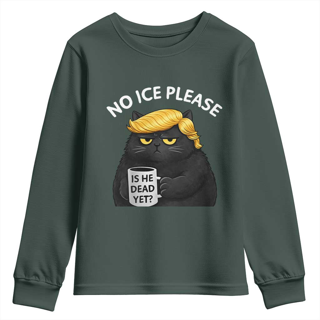 No ICE Protest Youth Sweatshirt Is He Dead Yet Black Cat Meme TS10 Dark Forest Green Print Your Wear
