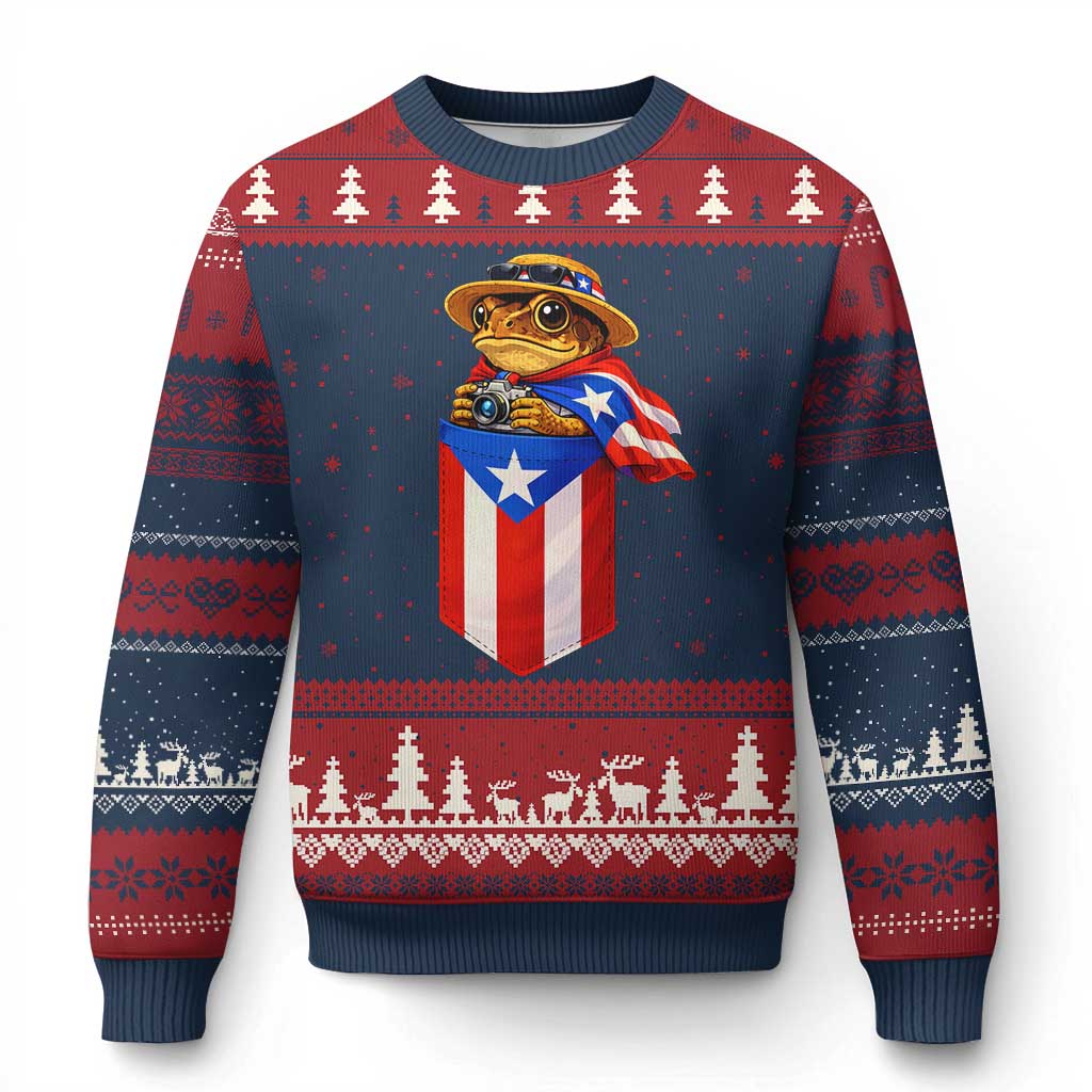 Funny Coqui Frog Puerto Rico Flag Ugly Christmas Sweater Puerto Rican Taino Buricua Borinquen TS10 Navy Red Print Your Wear