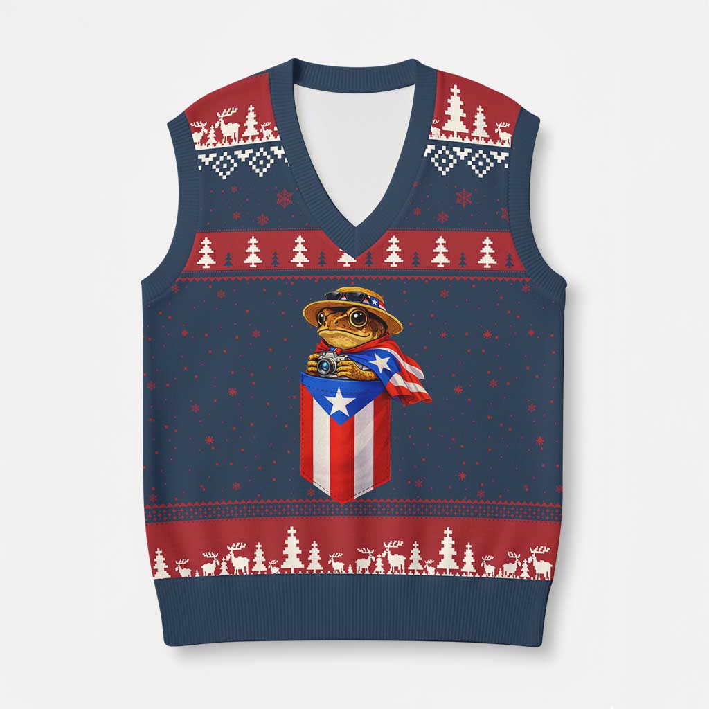 Funny Coqui Frog Puerto Rico Flag V-Neck Knit Sweater Vest Puerto Rican Taino Buricua Borinquen TS10 Navy Red Print Your Wear