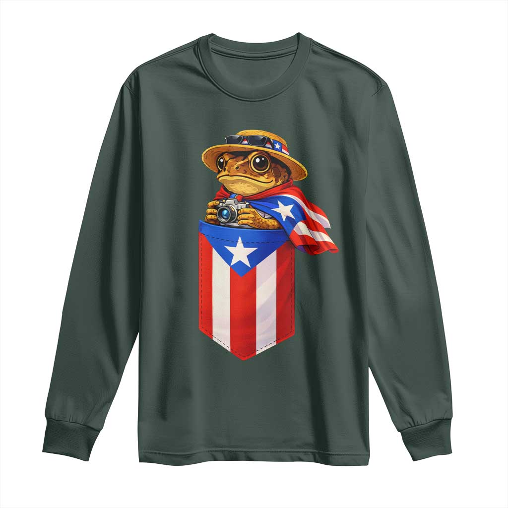Funny Coqui Frog Puerto Rico Flag Long Sleeve Shirt Puerto Rican Taino Buricua Borinquen TS10 Dark Forest Green Print Your Wear