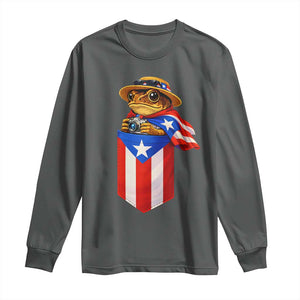 Funny Coqui Frog Puerto Rico Flag Long Sleeve Shirt Puerto Rican Taino Buricua Borinquen TS10 Dark Heather Print Your Wear