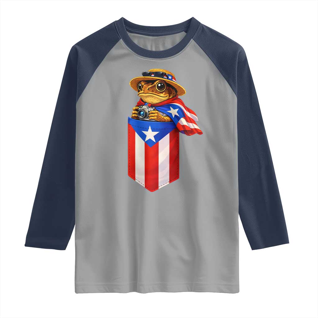 Funny Coqui Frog Puerto Rico Flag Raglan Shirt Puerto Rican Taino Buricua Borinquen TS10 Sport Gray Navy Print Your Wear