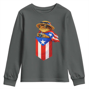 Funny Coqui Frog Puerto Rico Flag Youth Sweatshirt Puerto Rican Taino Buricua Borinquen TS10 Dark Heather Print Your Wear