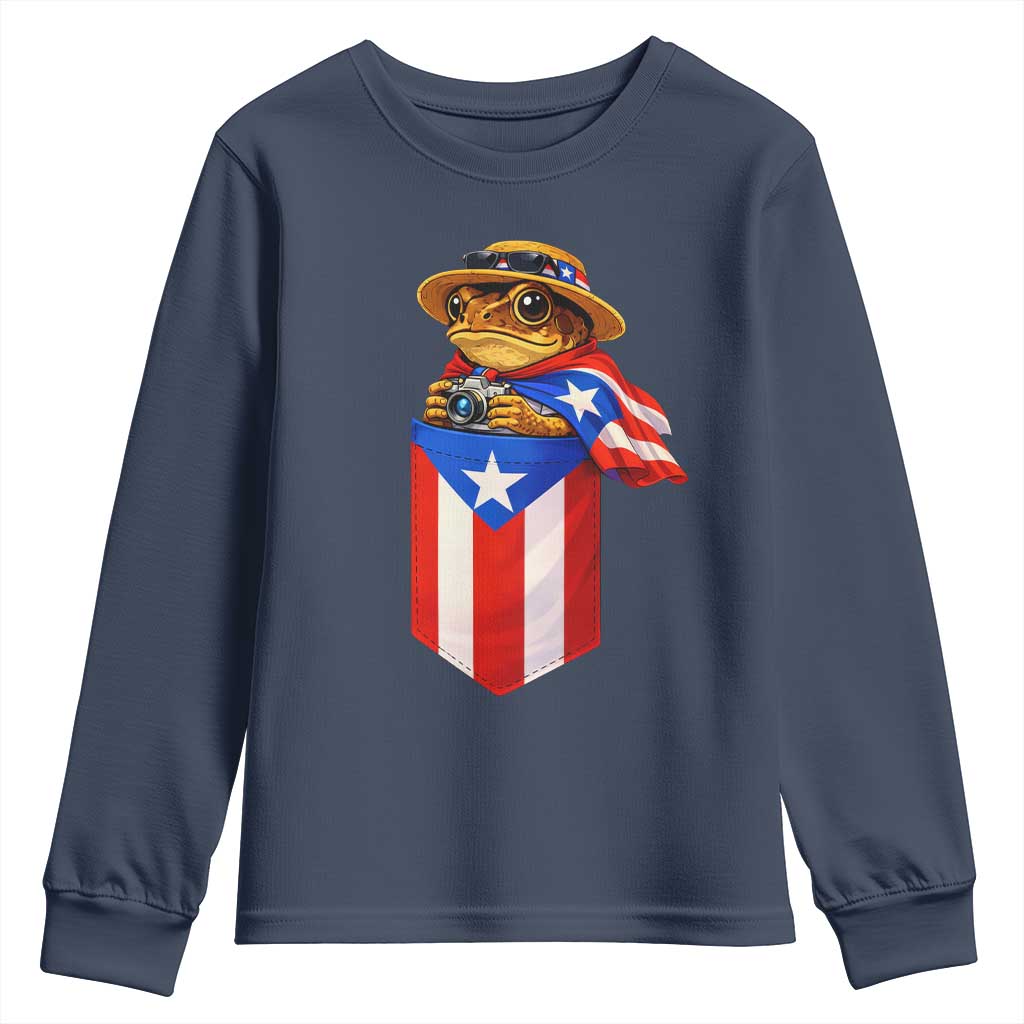 Funny Coqui Frog Puerto Rico Flag Youth Sweatshirt Puerto Rican Taino Buricua Borinquen TS10 Navy Print Your Wear