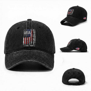 250 Years America Anniversary Flag Washed Cotton Baseball Cap 4th of July Patriotic Independence Day TS10 Washed Cap Universal Fit Black Print Your Wear