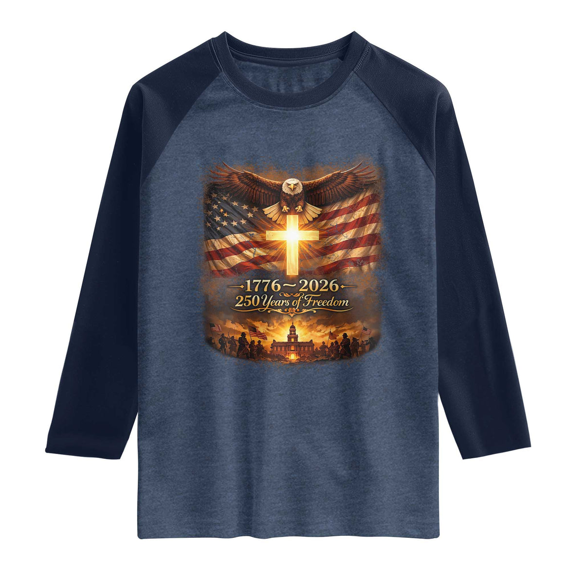 250th Anniversary USA Raglan Shirt 1776 2026 4th of July Patriotic Us 250 Flag TS10 Heather Denim Navy Print Your Wear