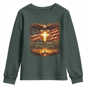 250th Anniversary USA Youth Sweatshirt 1776 2026 4th of July Patriotic Us 250 Flag TS10 Dark Forest Green Print Your Wear